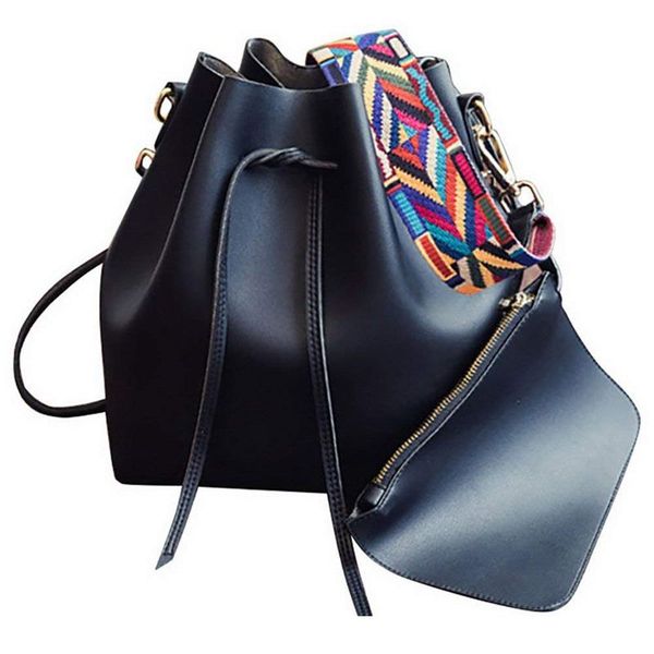 

black strap large capacity leather shoulder handbags bucket bags