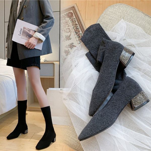 

houlife fashion women boots black/grey stretch elastic sock boots low-heeled rhinestone ladies autumn spring 2020 booties