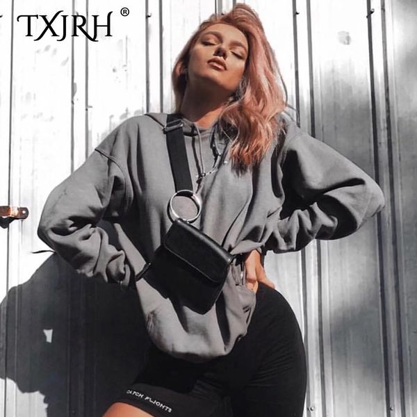 

txjrh letter big pocket drawstring long sleeve basic sweatshirts hooded pullover casual women streamer loose 2 colors, Black