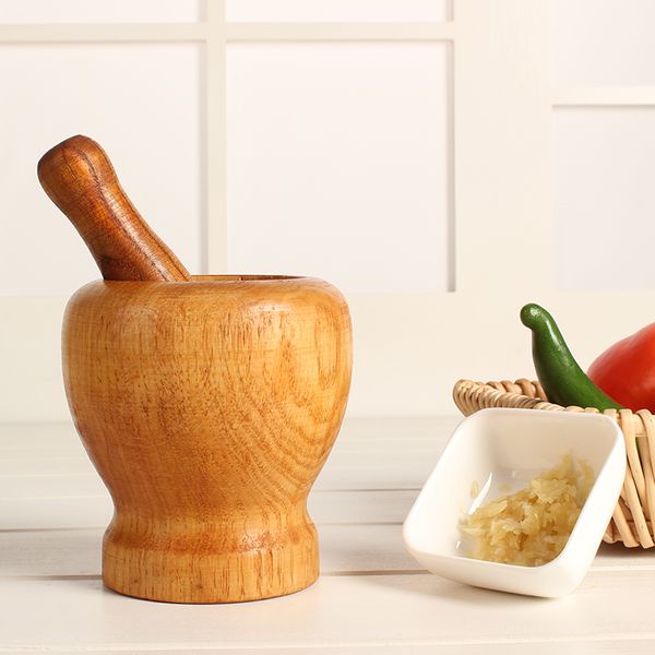 

multifunctional wood garlic pugging pot non-skid portable garlic press pedestal bowl mortar and pestle set daosuan device jj0047
