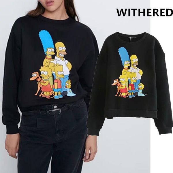 

withered england style high street vintage cartoon pattern cute o-neck oversize winter hoodies women sweatshirt pullovers, Black