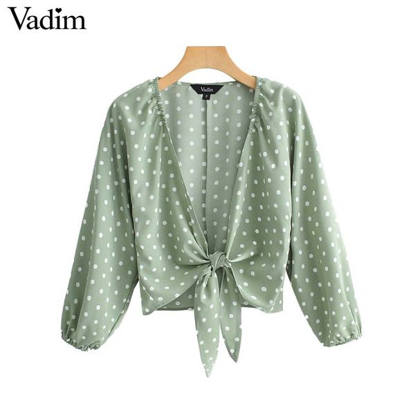 

vadim women dot print blouse bow tie long sleeve sweet shirts casual female green summer blusas lb237, White