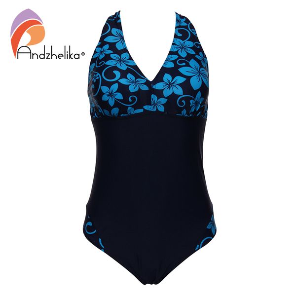 

andzhelika women swimwear one pieces swimsuits pint floral patchwork solid high waist bathing suits plus size swimwear 8285-1, White;black