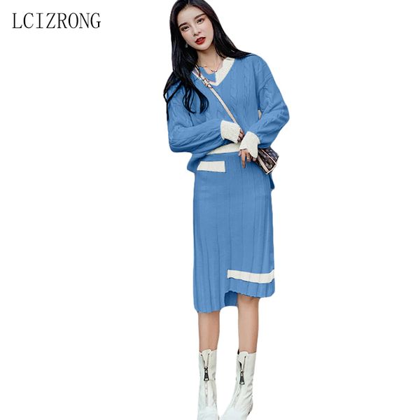 

2019 women knitted suit soft warm spring autumn suit fashion female pullover sweater and skirt 2 piece set, White