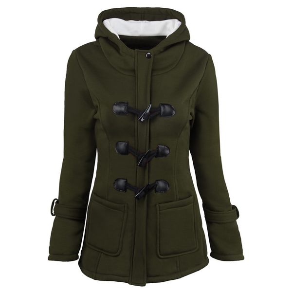 

2020 women's autumn and winter new style horn buckle coat women thick mid-length hooded blend jacket cotton women winter dress, Black