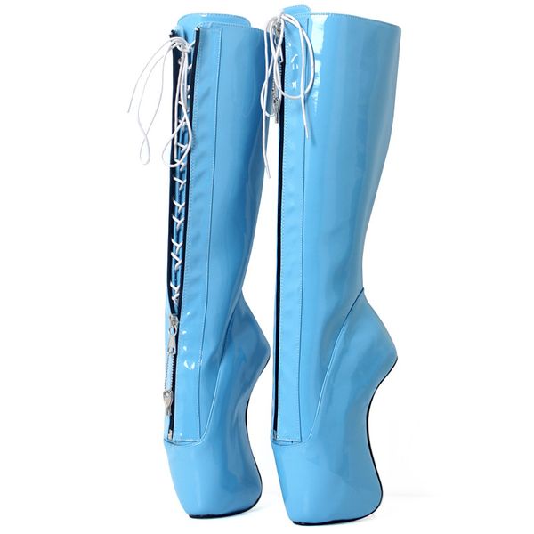 

2019 new women sky blue boots fetish lace up zipper strange high hoof heels knee-high boots nightclub party shoes, Black