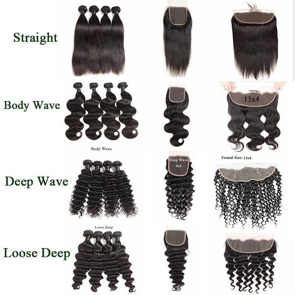 

бразильские прямые пучки человеческих волос объемной волны с закрытием 4x4 перуанские волосы девственной воды loose deep deep wave 4 пучки с, Black;brown