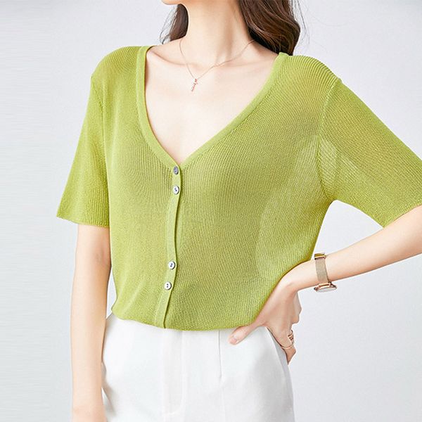 

summer cardigan women short sleeves thin sunproof coat knit cool outerwear jacket, White