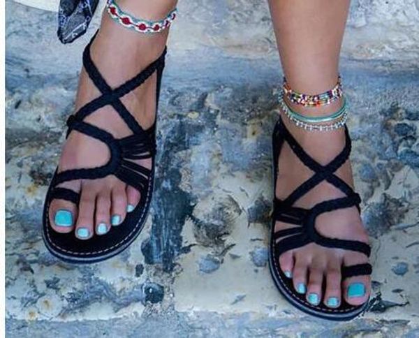 

2018 summer women ring-toe cross ankle braid strap beach sandals boho flat shoes flippers 35 - 44, Black