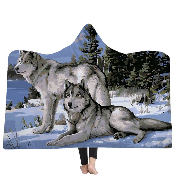 

35 styles animal turtle lion wolf sika deer 3d printed plush hooded blanket for beds warm wearable soft fleece throw blankets