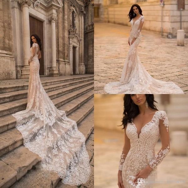

шампанское 2019 русалка свадебное платье sexy v шеи шнурок с длинным рукавом свадебные платья сшитое тюль развертки поезд пляж свадебное пла, White