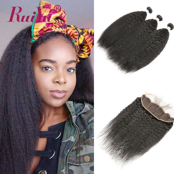 

ruiyu kinky человеческих волос straight связка с фронтальными бразильскими волосами плетения связки с кружевом фронтальной закрытие перуанск, Black