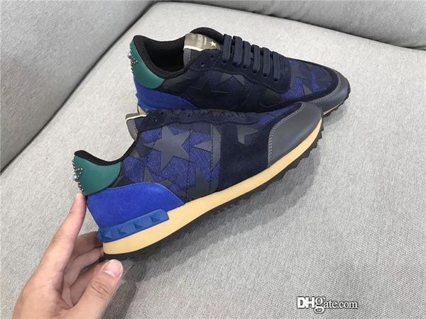 

0valentino garavani navy plum camo rockrunner men low open tripe leather trainer neaker hoe with box