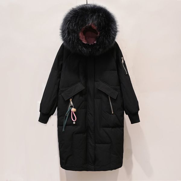 

big fur duck down coats 2019 new winter jacket women female loose warm down parka winter coat women white duck jacket, Black