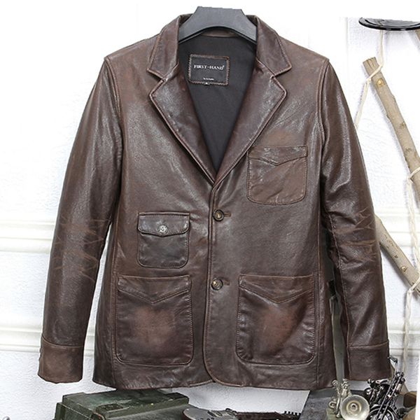

men's vintage 2020 genuine suits slim fit lapel smart causal blazers men brown sheepskin leather jacket male, Black