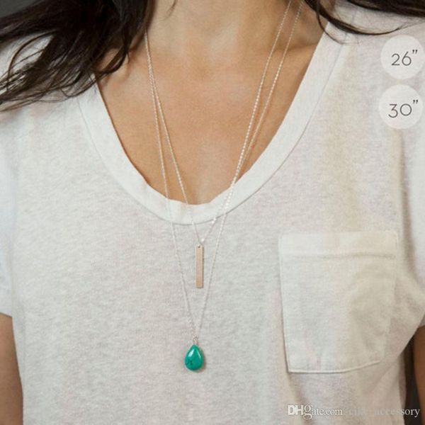 

two layer necklace square bar water-drop stone pendant gold silver color plated with metal chain for women wife necklace gift