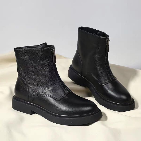 

front zipper boots women's short tube single boot british style, Black