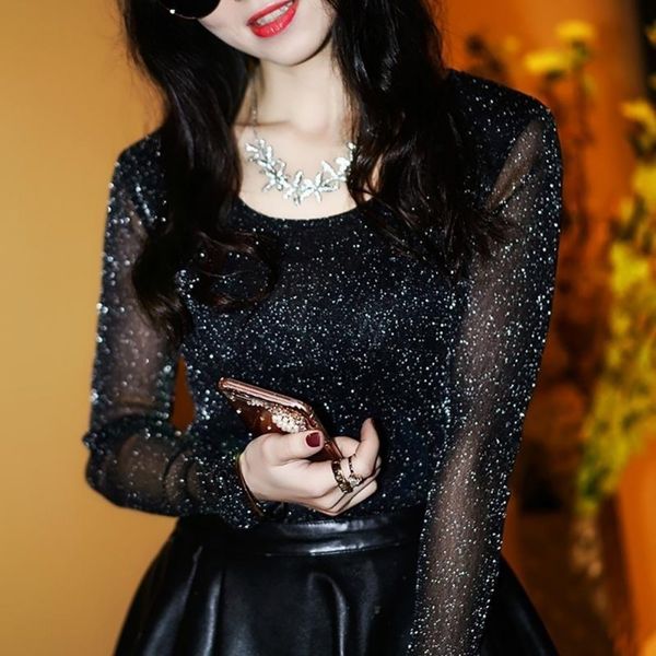 

womenlong sleeve summer see through mesh blouse women elegant shirt rk, White