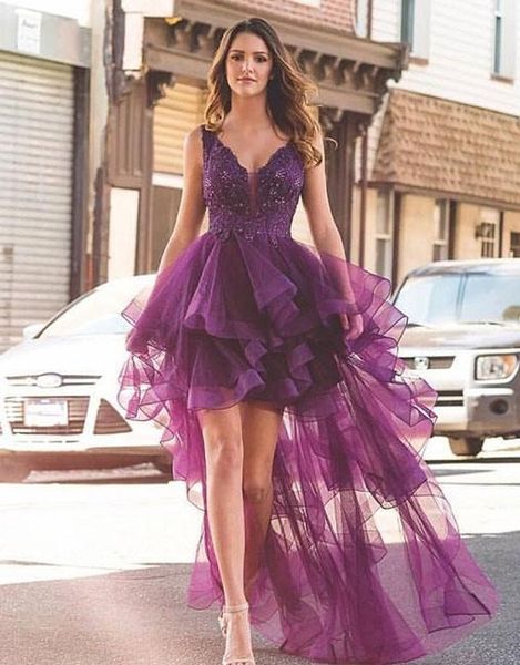 

purple hi lo prom dresses with ruffles tulle deep v neck applique lace beaded evening formal dress for women girl, Black