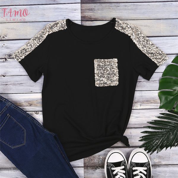 

sequined t shirt womens pocket tee shirts mujer fashion black t shirt women short sleeve short tee summer female top, White