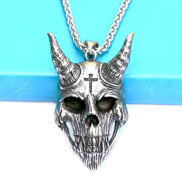 

personality stainless steel ram head skull necklace pendant motorcycle party punk cross silver chain hip hop rock men's jewelry