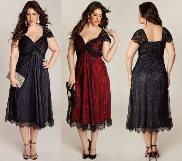 

plus size mother of the bride dresses 2019 tea length short sleeve lace v-neck mother of the groom gowns custom made dh5028, Black;red