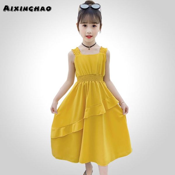 

girls summer dress sleeveless dress for girl casual children draped dresses solid color childrens clothing 6 8 10 12 14, Red;yellow