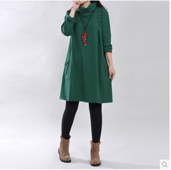 

2019 spring new style korean-style large size dress high collar long sleeve casual loose-fit a sub-solid color dress women's, Red