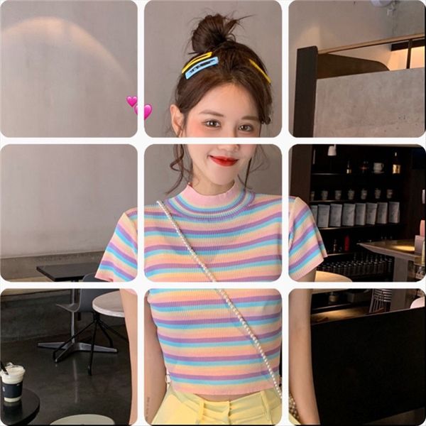 

women's wear 2020 contrast color striped short thin small high collar short sleeve t-shirt t-shirt pullover pullover, White