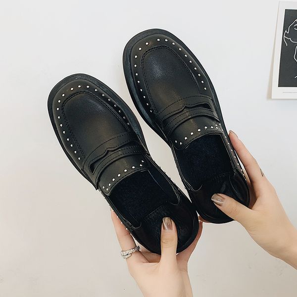 

2020 fashion spring women's flats rivet decoration loafers square head is soft and comfortable flat casual shoes mujer u29, Black