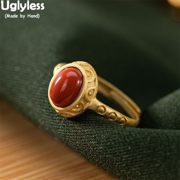 

uglyless new vintage patterns oval gemstones rings for women simple fashion agate open rings 925 sterling silver vintage jewelry, Golden;silver