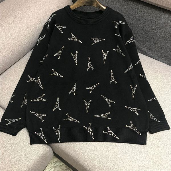 

luxury designer brand knitted pullovers for women causel o neck rhinestone the tower loose knitted sweater, White;black