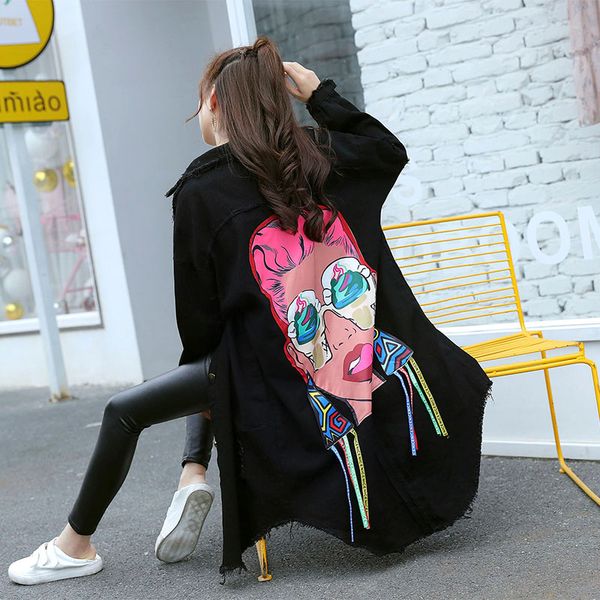 

boyfriend style printed casual loose black vintage burr hole denim jacket women long sleeve coat jackets women's, Black;brown