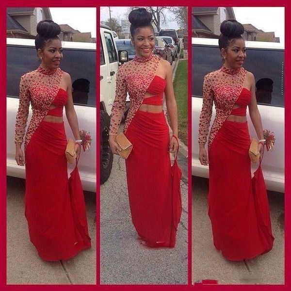 

high neck one shoulder long sleeves mermaid prom dresses beaded crystal 2019 evening party gowns customized vestidos de soiree cheap, Black