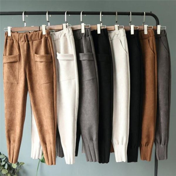 

casual autumn winter pants women drawstring sweat pants trousers high waist loose harem pant suede pantalones mujer, Black;white