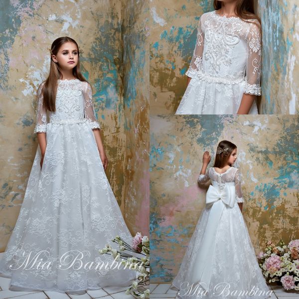 

flower girls dresses jewel neck covered button bow appliques lace girls pageant dresses floor length girls party gowns, White;blue