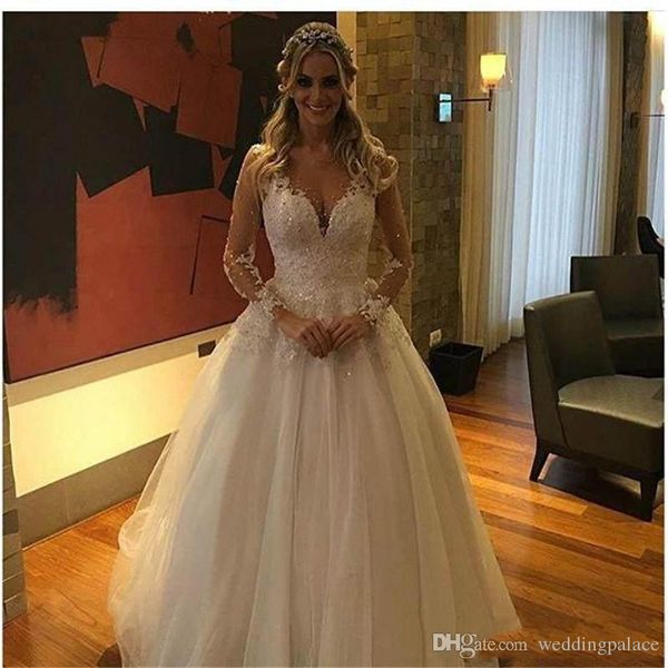 

роскошные свадебные платья с длинным рукавом sheer jewel шеи бисер аппликации country style линия длина пола красивые свадебные платья, White