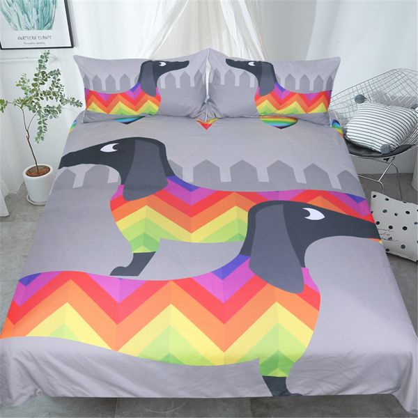 Dachshund Sausage Duvet Cover Set Cute Rainbow Puppy Bedding Set