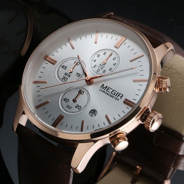 

2016 new men fashion sports watches men's quartz chronograp 6 dial day clock man leather strap business wrist watch, Slivery;brown