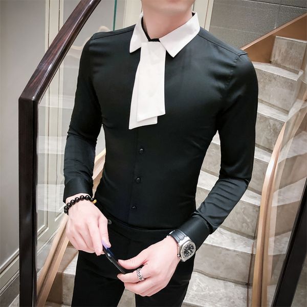 

men's tuxedo shirt bow tie strap long sleeve slim fit mens dress shirts black white wedding social shirts male, White;black