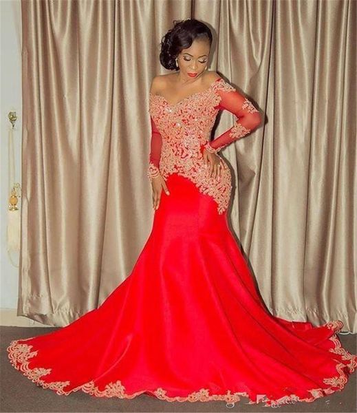 

red off the shoulders long sleeves prom dresses lace appliqued beaded sequins mermaid evening gowns sleeves count train african party dress, Black;red