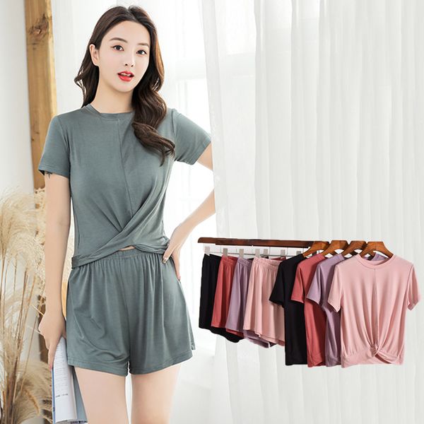 

new summer modal home clothes for women 2 piece pajamas set short sleeve ladies pyjamas suit casual loose sleepwear pijama mujer, Black;red