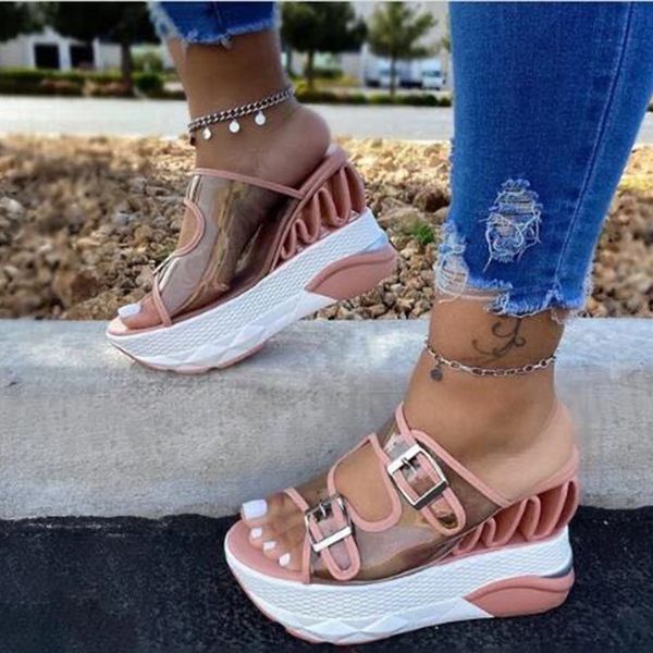 

summer women wedge sandals pvc transparent buckle strap shoes woman casual super high platform ladies slides female sandals c27, Black