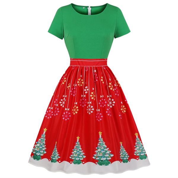 

wipalo vintage women dress solid christmas tree print patchwork high waist a-line dress o-neck short sleeve elegant party, Black;gray