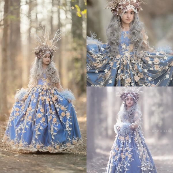 

2019 latest flower girl dresses a line jewel neck lace 3d floral appliqued feather girls pageant dress birthday party gowns kids formal gown, White;blue