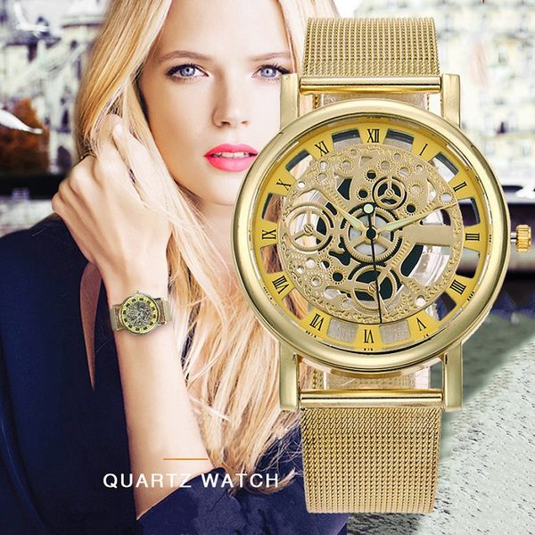 

neutral alloy stainless steel with perspective hollow quartz watches direct wholesale men's imitation mechanical gold watches, Slivery;brown