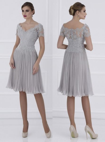 

light silver lace short mother dresses appliques short sleeve evening gowns knee length mother of the bride prom dresses, Black;red