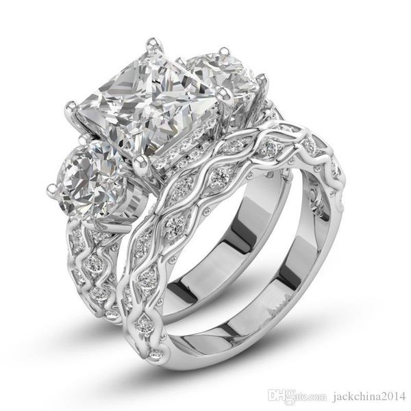 

роскошные ювелирные изделия высокого качества brand new 925 sterling silver princess cut белый топаз cz алмазный пара кольцо женщин свадебны, Slivery;golden