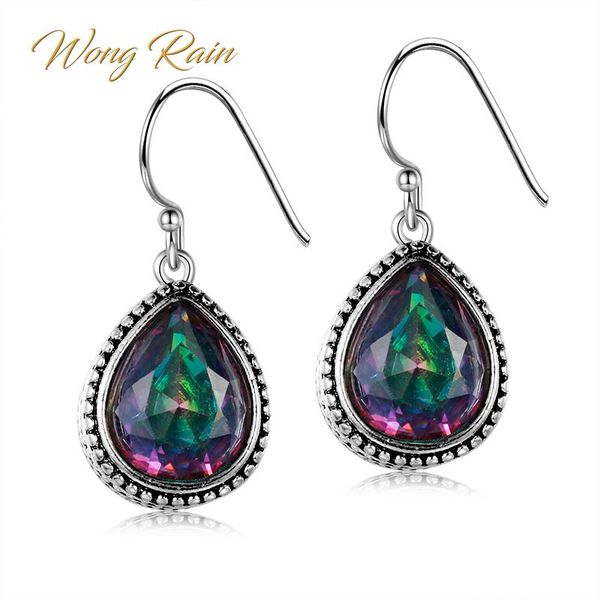 

wong rain vintage 100% 925 sterling silver pear mystic rainbow z gemstone drop dangle hook earrings fine jewelry wholesale, Golden;silver