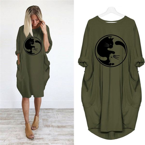 

2019 dress printing cute cat pocket loose dress vintage fall maxi clothes woman party casual dresses new women dresses plus size, Black;gray